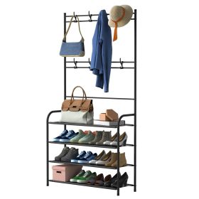 Entryway Coat Hat Rack Shoe Storage Shelf Shoe Rack Freestanding Hall Tree Garment Hanger Stand Clothes Shoe Organizer Combo - 4 Tier