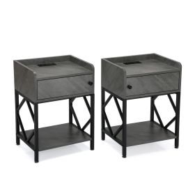 Set of 2 Industrial Wooden Nightstand;  Bedside Table;  Sofa End Table with Charging Station;  Storage and Shelf for Bedroom;  Living Room - Gray