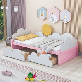 Twin Size Bed with Clouds and Sunflower Decor, Platform Bed with 2 Drawers (White+Pink) - as Pic