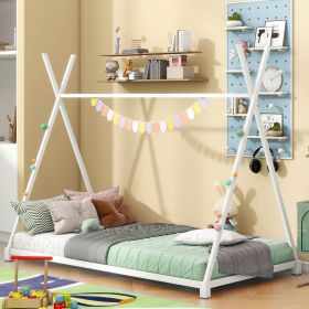 Metal Twin Size House Platform Bed with Triangle Structure, White(Expected Arrival Time: 8.9) - as Pic