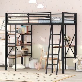Twin Size Metal Loft Bed with Shelves and Desk, Black (Expected Arrival Time: 8.8) - as Pic