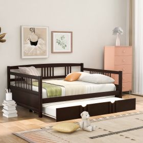 Full Size Daybed Wood Bed with Twin Size Trundle; Espresso - as Pic