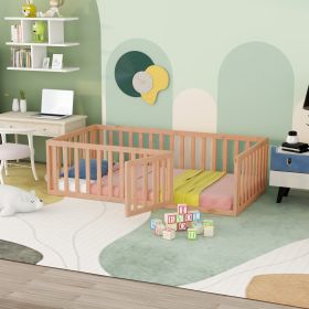 Twin Size Wood Floor Bed Frame with Fence and Door; Natural(OLD SKU :WF289661AAM) - as Pic