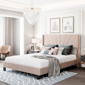 Queen Size Velvet Upholstered Platform Bed, Box Spring Needed  - Beige