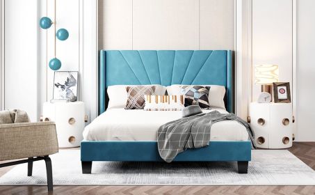 Queen Size Velvet Upholstered Platform Bed, Box Spring Needed  - Blue