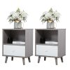 Set of 2 Mid Century Bedside Table, Nightstand with Drawer and Shelf Storage, Side Accent Table for Living Room Bedroom - gray