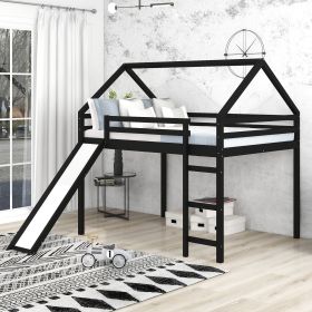 Full Size Loft Bed with Slide, House Bed with Slide - Espresso