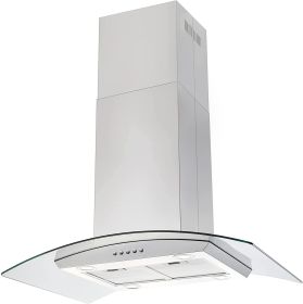 36 inch Stainless Steel Island Mount Range Hood 900CFM Tempered Glass w/LED Lights - Silver - Mechanical Control