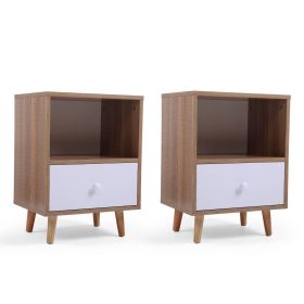 Set of 2 Mid Century Bedside Table, Nightstand with Drawer and Shelf Storage, Side Accent Table for Living Room Bedroom - Wood