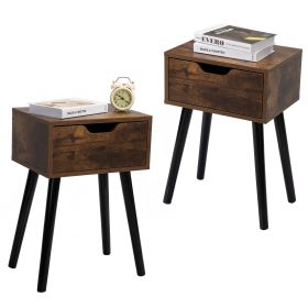 Set of 2 Mid Century Wood Side Table, End Table with 1 Storage Drawer, Nightstand for Bedroom Living Room - Retro Brown + Black