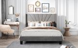 Queen Size Velvet Upholstered Platform Bed, Box Spring Needed  - Gray