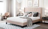 Queen Size Velvet Upholstered Platform Bed, Box Spring Needed  - Beige