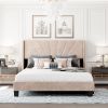 Queen Size Velvet Upholstered Platform Bed, Box Spring Needed  - Beige