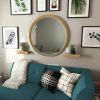 32 Inch Round Wooden Frame Floating Wall Beveled Mirror; Brown - as Pic