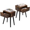 Set of 2 Mid Century Wood Side Table, End Table with 1 Storage Drawer, Nightstand for Bedroom Living Room - Retro Brown + Black