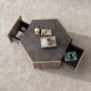 Hexagonal Rural Style Garden Retro Living Room Coffee Table with 2 drawers, Textured Black + Warm Oak - as Pic