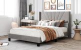 Queen Size Velvet Upholstered Platform Bed, Box Spring Needed  - Gray