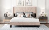 Queen Size Velvet Upholstered Platform Bed, Box Spring Needed  - Beige