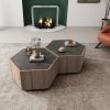 Hexagonal Rural Style Garden Retro Living Room Coffee Table with 2 drawers, Textured Black + Warm Oak - as Pic