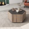 Hexagonal Rural Style Garden Retro Living Room Coffee Table with 2 drawers, Textured Black + Warm Oak - as Pic