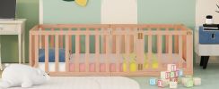 Twin Size Wood Floor Bed Frame with Fence and Door; Natural(OLD SKU :WF289661AAM) - as Pic