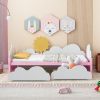 Twin Size Bed with Clouds and Sunflower Decor, Platform Bed with 2 Drawers (White+Pink) - as Pic