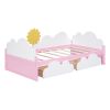 Twin Size Bed with Clouds and Sunflower Decor, Platform Bed with 2 Drawers (White+Pink) - as Pic