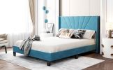 Queen Size Velvet Upholstered Platform Bed, Box Spring Needed  - Blue