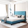 Queen Size Velvet Upholstered Platform Bed, Box Spring Needed  - Blue