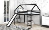 Full Size Loft Bed with Slide, House Bed with Slide - Espresso