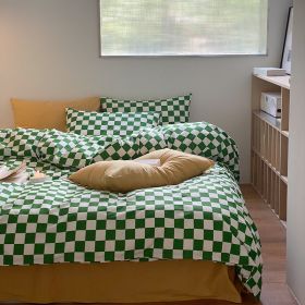 Small Group Retro Spring And Autumn Pure Cotton Bedding Set (Option: Green Small lattice-Bed sheet style-220x240cm)