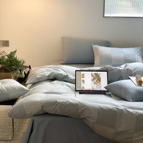Small Group Retro Spring And Autumn Pure Cotton Bedding Set (Option: Blue Large grid-Fitted sheet style-200x230cm)